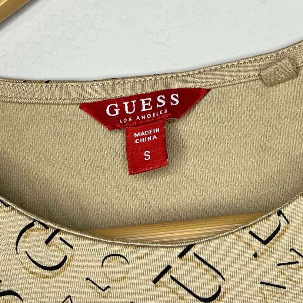 GUESS Los Angeles Designer Logo Monogram Print Bodysuit, Beige, Size Small